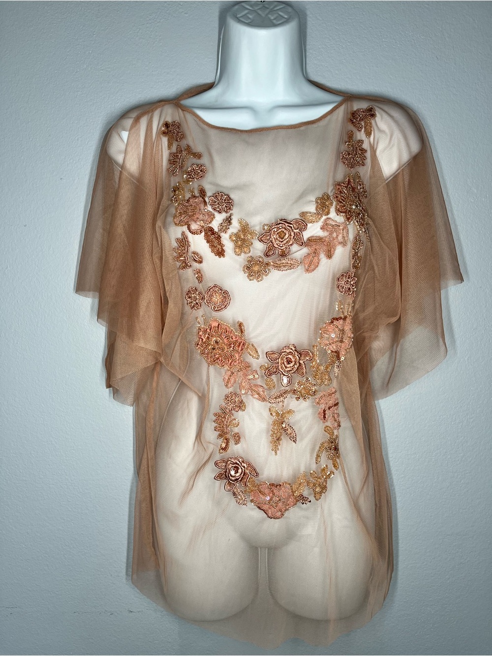 Gaetano Navarra Sheer Embroidered Sequin Mesh Top Nude Italy M Y2K